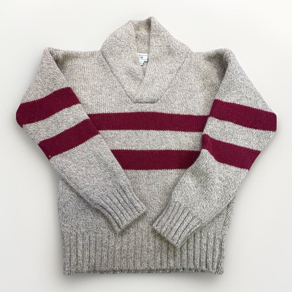 Vintage 80s GAP 100% Wool Cowl Neck Sweater Beige Maroon Stripe MED/LRG - Picture 1 of 8